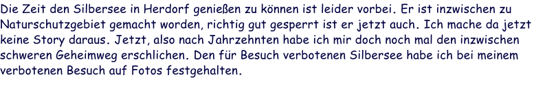 Die Zeit den Silbersee in Herdorf genießen zu können ist leider vorbei. Er ist inzwischen zu Naturschutzgebiet gemacht worden, richtig gut gesperrt ist er jetzt auch. Ich mache da jetzt keine Story daraus. Jetzt, also nach Jahrzehnten habe ich mir doch noch mal den inzwischen schweren Geheimweg erschlichen. Den für Besuch verbotenen Silbersee habe ich bei meinem verbotenen Besuch auf Fotos festgehalten.